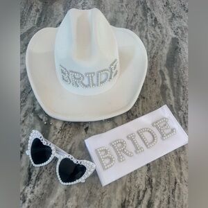Rhinestone and Pearl Western Bachelorette White Bride Cowboy Hat, Sash, Glasses